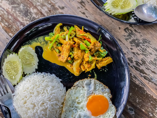 Close up fried rice and pork hot spicy food and drink backgrounds