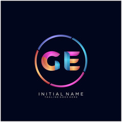 Initial letter GE curve rounded logo, gradient vibrant colorful glossy colors on black background