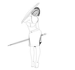 warrior woman character, 3D illustration, sketch, outline
