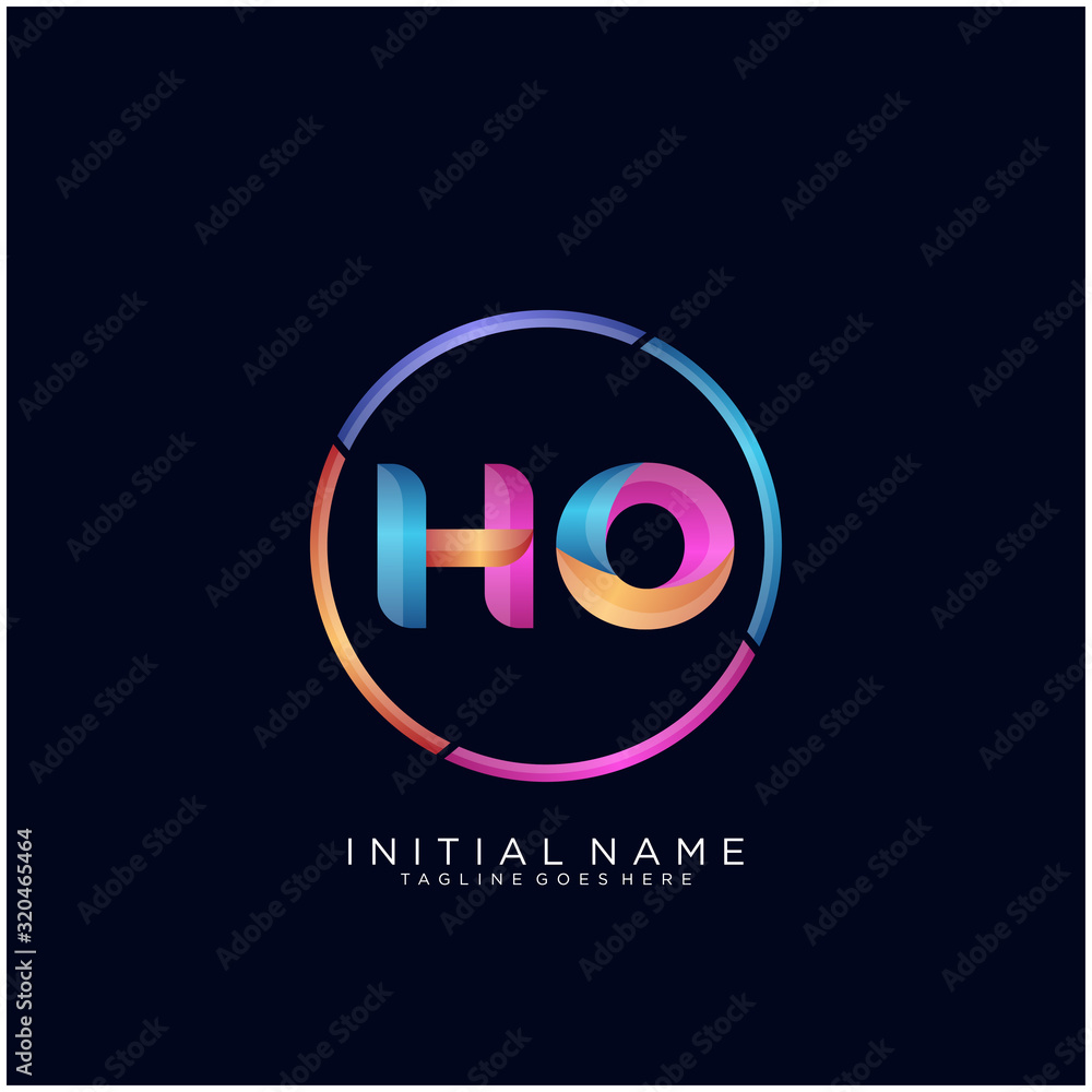 Wall mural Initial letter HO curve rounded logo, gradient vibrant colorful glossy colors on black background