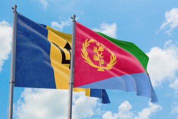 Fototapeta na wymiar Eritrea and Barbados flags waving in the wind against white cloudy blue sky together. Diplomacy concept, international relations.