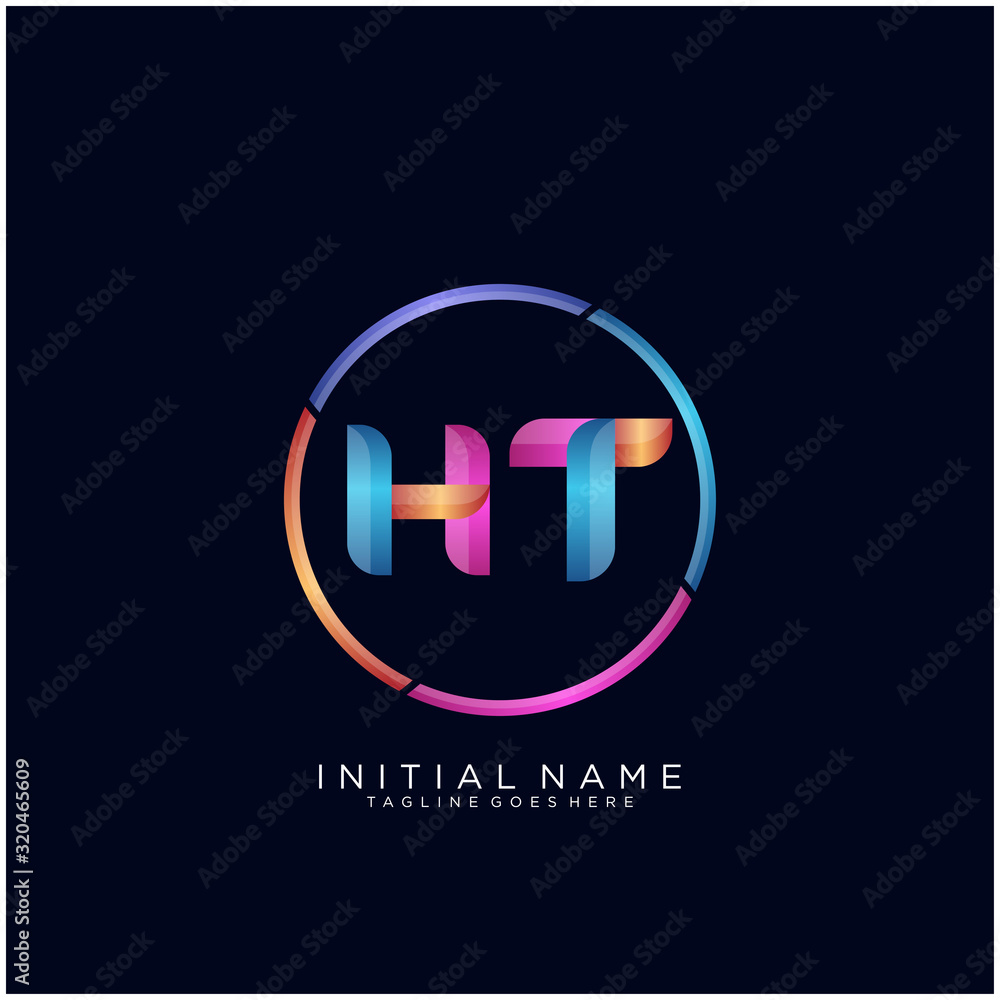 Wall mural Initial letter HT curve rounded logo, gradient vibrant colorful glossy colors on black background