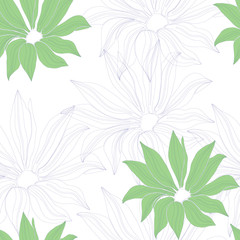 Light floral background for textile. Seamless vector pattern with green flowers on a white background.