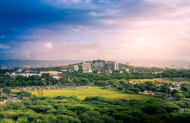 Beautiful aerial view landscape of green Pune city, Maharashtra, India