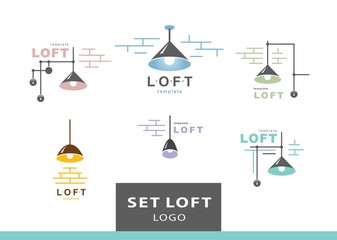 Set loft logo vector Chandelier and brick wall elements © vectorboom
