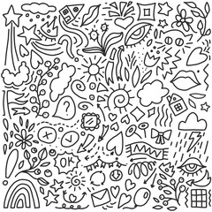 Doodle background. Hand drawn elements: arrow, heart, love, star, leaf, sun, cloud, flower, eye, lips etc