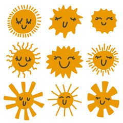 Doodle cute suns icon set. Summer emoticons isolated on white background