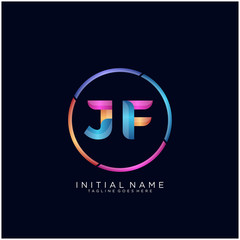 Initial letter JF curve rounded logo, gradient vibrant colorful glossy colors on black background