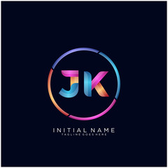 Initial letter JK curve rounded logo, gradient vibrant colorful glossy colors on black background