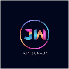 Fototapeta na wymiar Initial letter JW curve rounded logo, gradient vibrant colorful glossy colors on black background