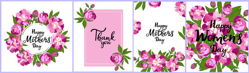 Happy Women's Day. Mother's Day. Thank you. Set of greeting cards. Posters or banner design with peonies. Flowers in bloom. Floral frame