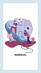 Business call concept. Phone operators help customer in support center. Business conversation by telephone. Vector web site design template. Landing page website concept illustration