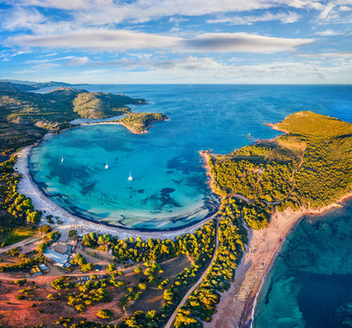 View from flying drone. Exotic spring view of Rondinara beach. Exciting morning seascape of Mediterranean sea. Attractive scene of Corsica island, France, Europe. Beauty of nature concept background..