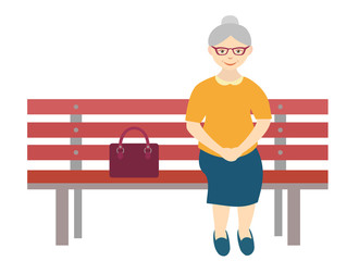 Grandmother sitting on a bench isolated on white background, vector illustration of resting elderly woman with bag