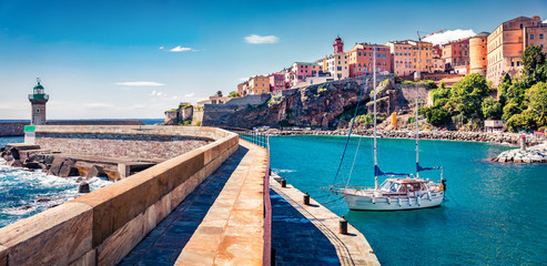 Panoramic spring cityscape of Bastia port. Sunny morning view of Corsica island, France, Europe....