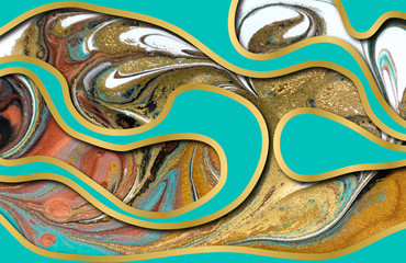 Blue and gold agate ripple pattern. Marble background with wave layers.