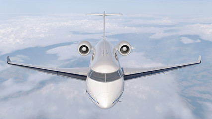 Private jet flying over the sky -front view - 3d illustration