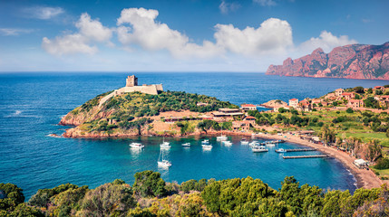 View from flying drone. Wonderful morning view of Port de Girolata - place, where you can't get by car. Perfect spring scene of Corsica island, France, Europe. Amazing Mediterranean seascape.