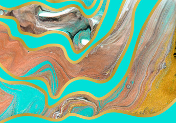 Blue and gold agate ripple pattern. Marble background with wave layers.