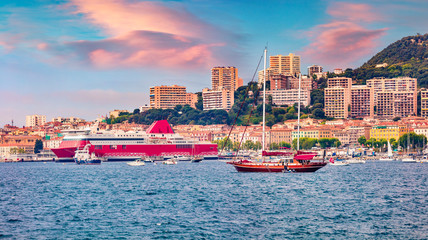 Fantastic summer sunrise on Ajaccio port. Amazing morning scene of Corsica island, France, Europe....