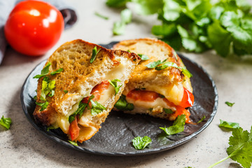 Grilled cheese sandwich with tomato and greens, dark background.