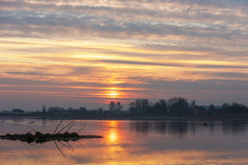 Landscape evening with sunset on a lake with lilies, with beautiful sky in summer season	