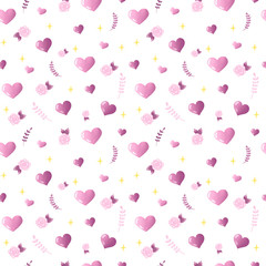 Pink Valentines Day background. Seamless pattern with hand drawn hearts and leaves. Hand-drawn seamless pattern. Pattern for creating fabric, wrapping paper, wallpaper and more.