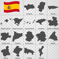 Seventeen Maps Autonomous communities of Spain - alphabetical order with name. Every single map of state are listed and isolated with wordings and titles. The Kingdom of Spain. Regions. EPS10.