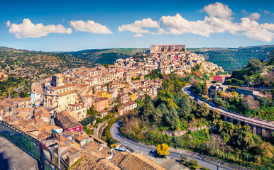 Stunning spring cityscape of Ragusa town with Palazzo Cosentini and Duomo di San Giorgio church on...
