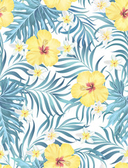 Fototapeta na wymiar Exotic green seamless vector pattern with palm, banana and hibiscus flowers. Summer botanical backgrioud. Trendy summer print. 