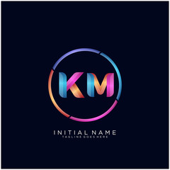 Initial letter KM curve rounded logo, gradient vibrant colorful glossy colors on black background