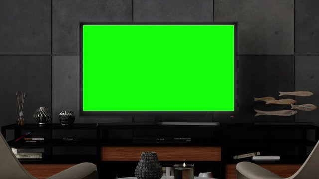 Black Smart Tv Mockup On Wooden Cabinet with Green Screen