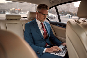 Effective business strategy. Confident mature businessman in full suit working on his laptop while sitting in the car