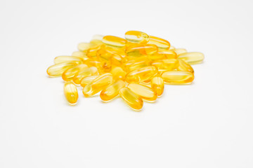 Cod liver oil omega 3 gel capsules  on white background