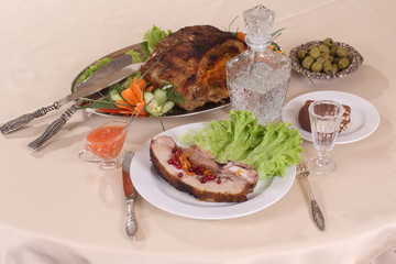 Baked pork with lingonberries and carrots with vodka