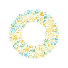 Hand drawn flowers & insect doodle elements. Floral round vector template with copy space. Isolated illustration on white background for greeting card, invitation, banner and poster. Foliage wreath.