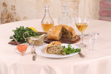 puff pastry pie with chicken and mushrooms and the brandy in the glass © Pretti