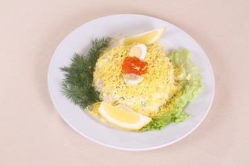 Salad with cheese and egg and caviar