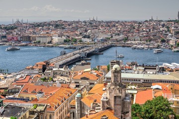 Top view of Istanbul city and Galata bridge in Turkey