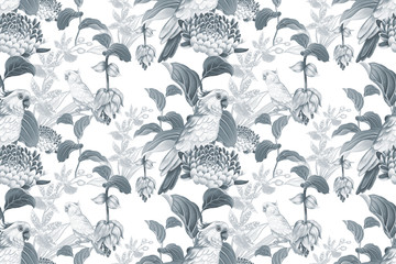 Seamless pattern. Cockatoo on branches of tree. Black and white