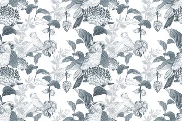Wall murals Parrot Seamless pattern. Cockatoo on branches of tree. Black and white