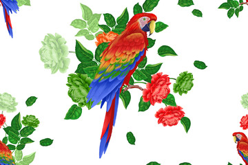 Seamless pattern. Macaw on branches of rose tree