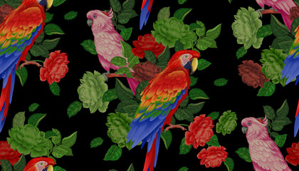 Roses, macaw and cockatoo on black background. Seamless pattern © marinavorona