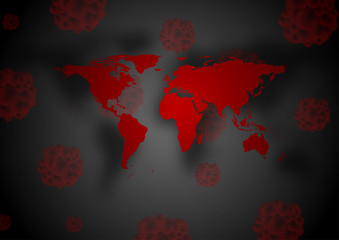 Coronavirus 2019-nCoV from China. Red world map and threatening bacteria on black background. Vector design