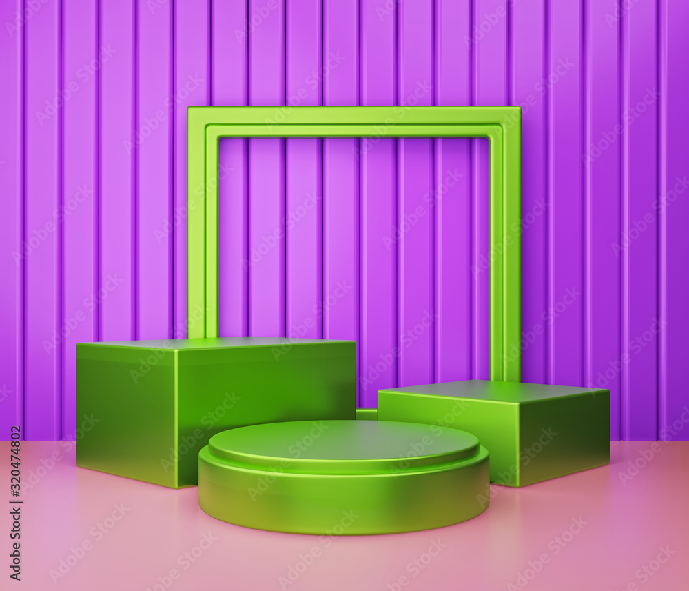 Poster abstract geometric shapes, blank podium. modern minimal studio background. 3d rendering