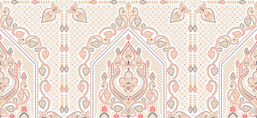 Seamless paisley border on white background with traditional Asian design elements © malkani