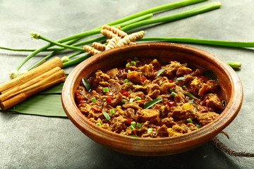 Homemade delicious meat curry in creamy gravy 