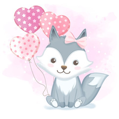 Cute baby fox with balloon hand drawn watercolor illustration