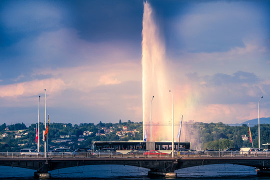 The Geneva water fountain with rainbow near the mont blanc bridge, Geneva Switzerland