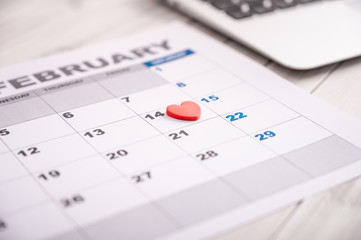 Fototapeta premium February 14, 2020-Valentine's Day, the date marked on the calendar with the symbol of the heart, daylight diffused light.
